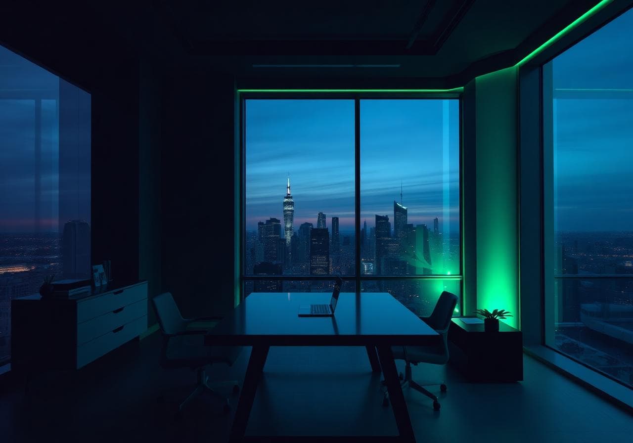 WaveLAB office workspace at dusk